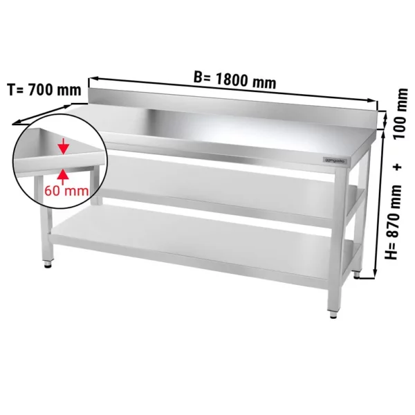 Nerezový pracovný stôl PREMIUM - 1800x700mm - so základnou policou, podstavcom a medzipoličkou