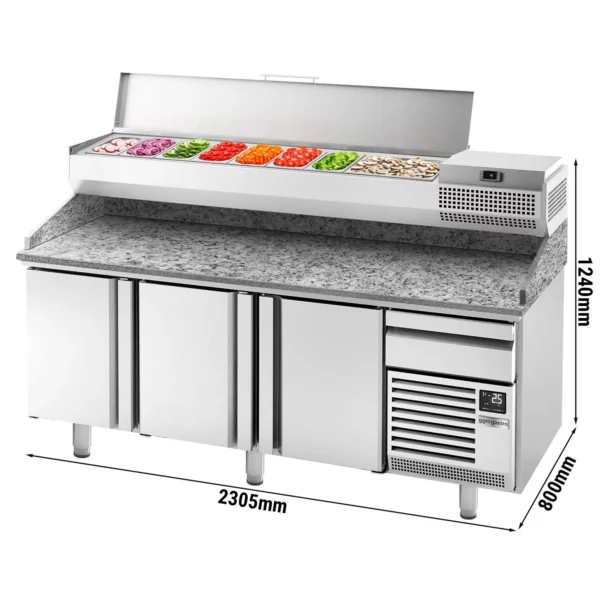 Chladiaci stôl na pizzu PREMIUM PLUS - 2305x800mm - s 3 dvierkami - vrátane chladiacej vitríny - 10x GN 1/3